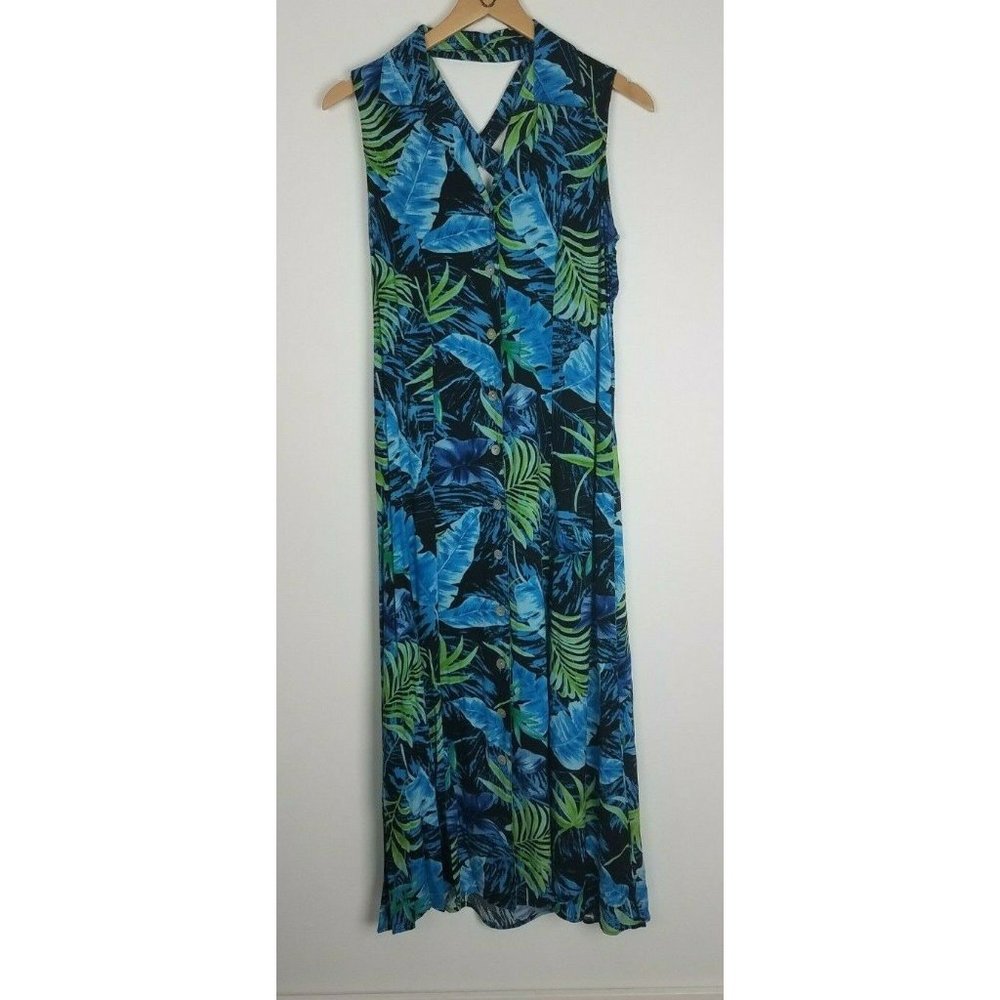 Vintage Sz. 6 California Krush Long Palm Leaf Cut Out Back Button Up  Dress